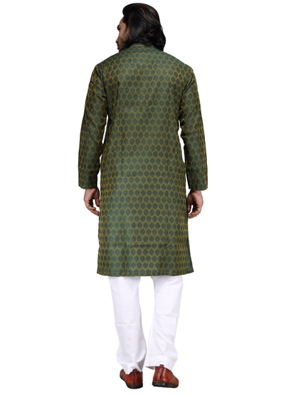 Men's Cotton Silk Blend Green Color Regular Fit Kurta 