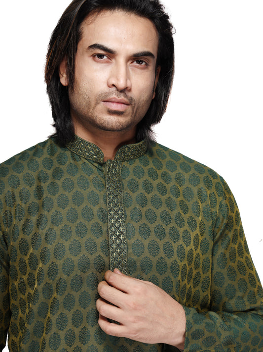 Men's Cotton Silk Blend Green Color Regular Fit Kurta 