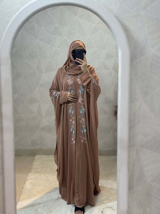 Indonesian Heavy Diamond Chiffon Beige Abaya Burqa Floral Elegance and Dubai Style
