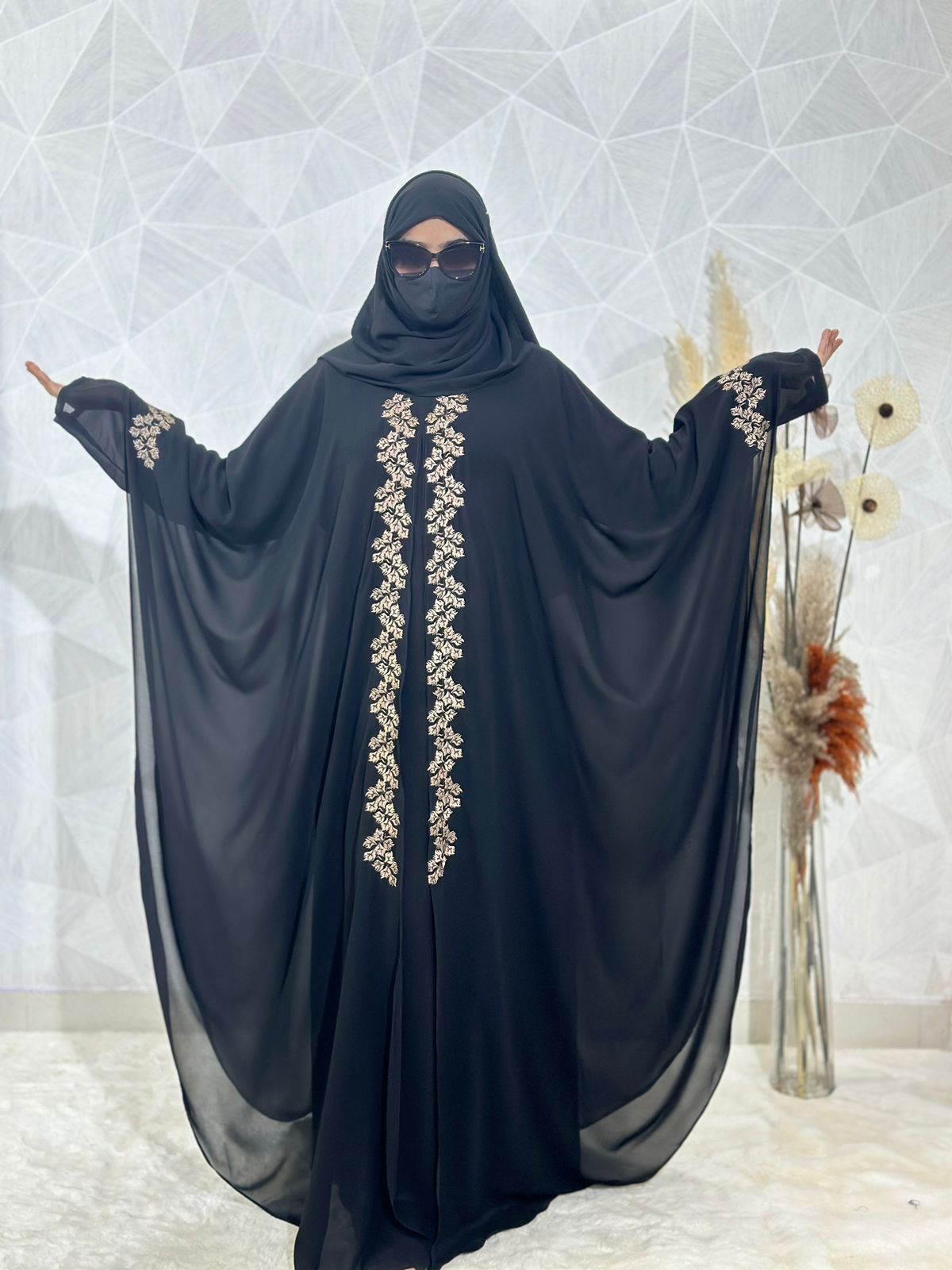 Indonesian Heavy Diamond Chiffon Black Abaya Burqa Floral Elegance HalalSauda