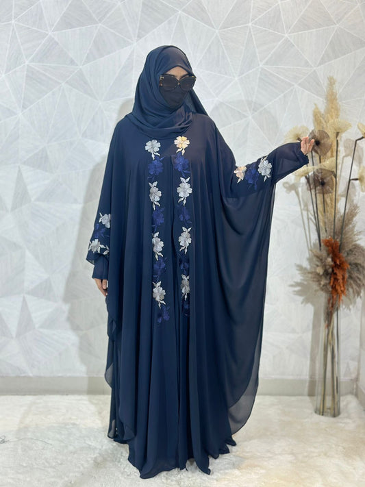 Indonesian Heavy Diamond Chiffon Blue Abaya Burqa Floral Elegance and Dubai Style
