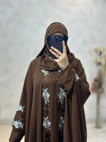 Indonesian Heavy Diamond Chiffon Brown Abaya Burqa - Floral Elegance and Dubai Style