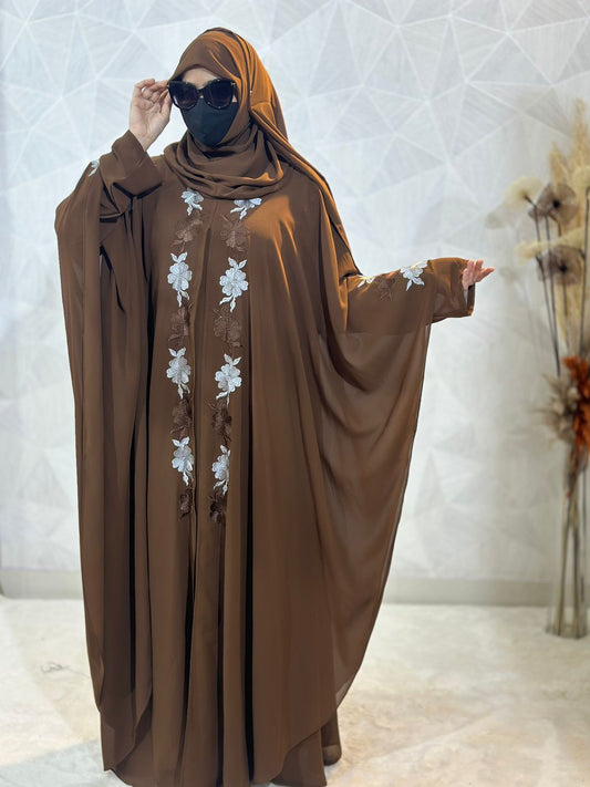 Indonesian Heavy Diamond Chiffon Brown Abaya Burqa Floral Elegance and Dubai Style