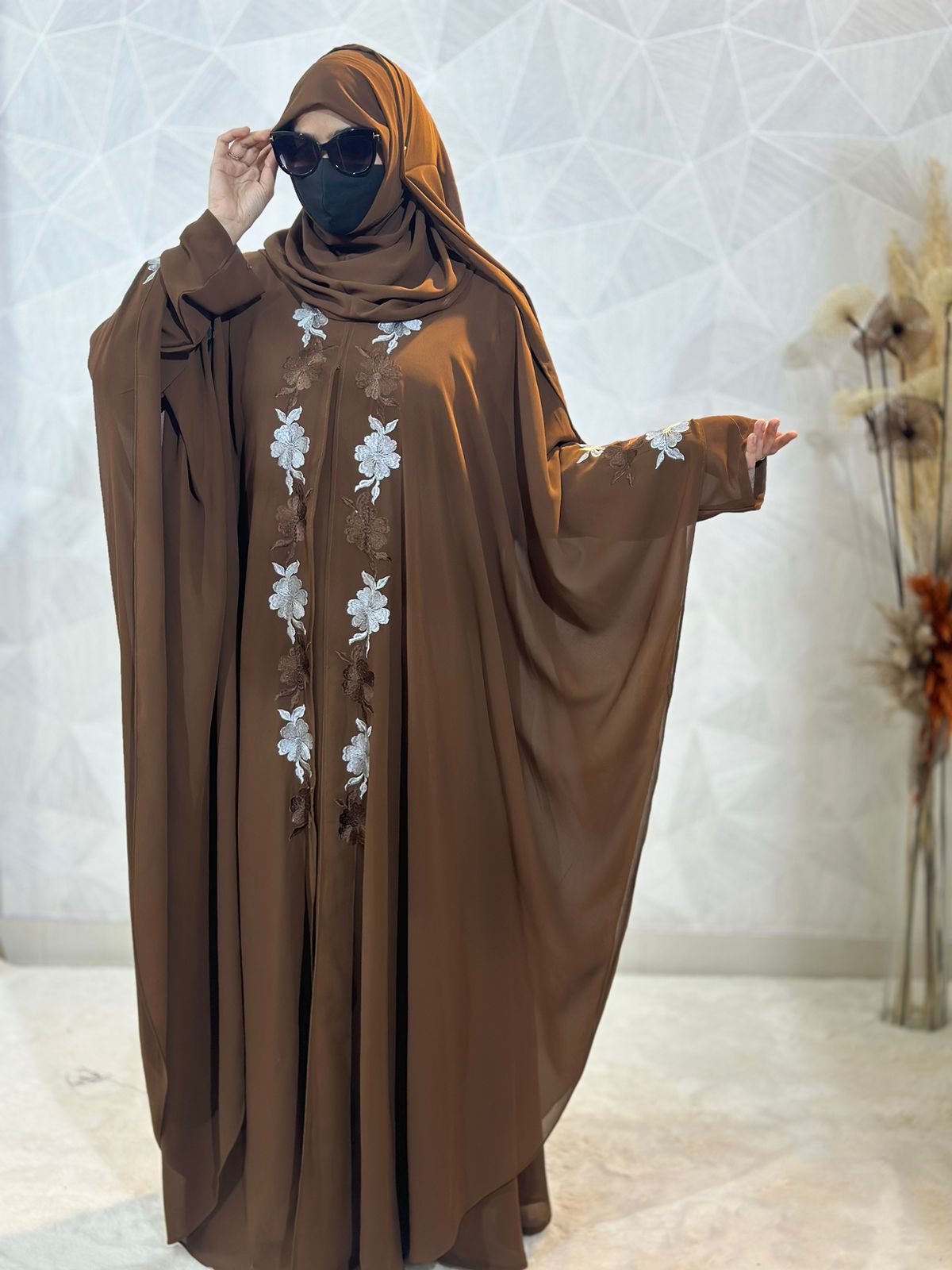 Indonesian Heavy Diamond Chiffon Brown Abaya Burqa - Floral Elegance and Dubai Style