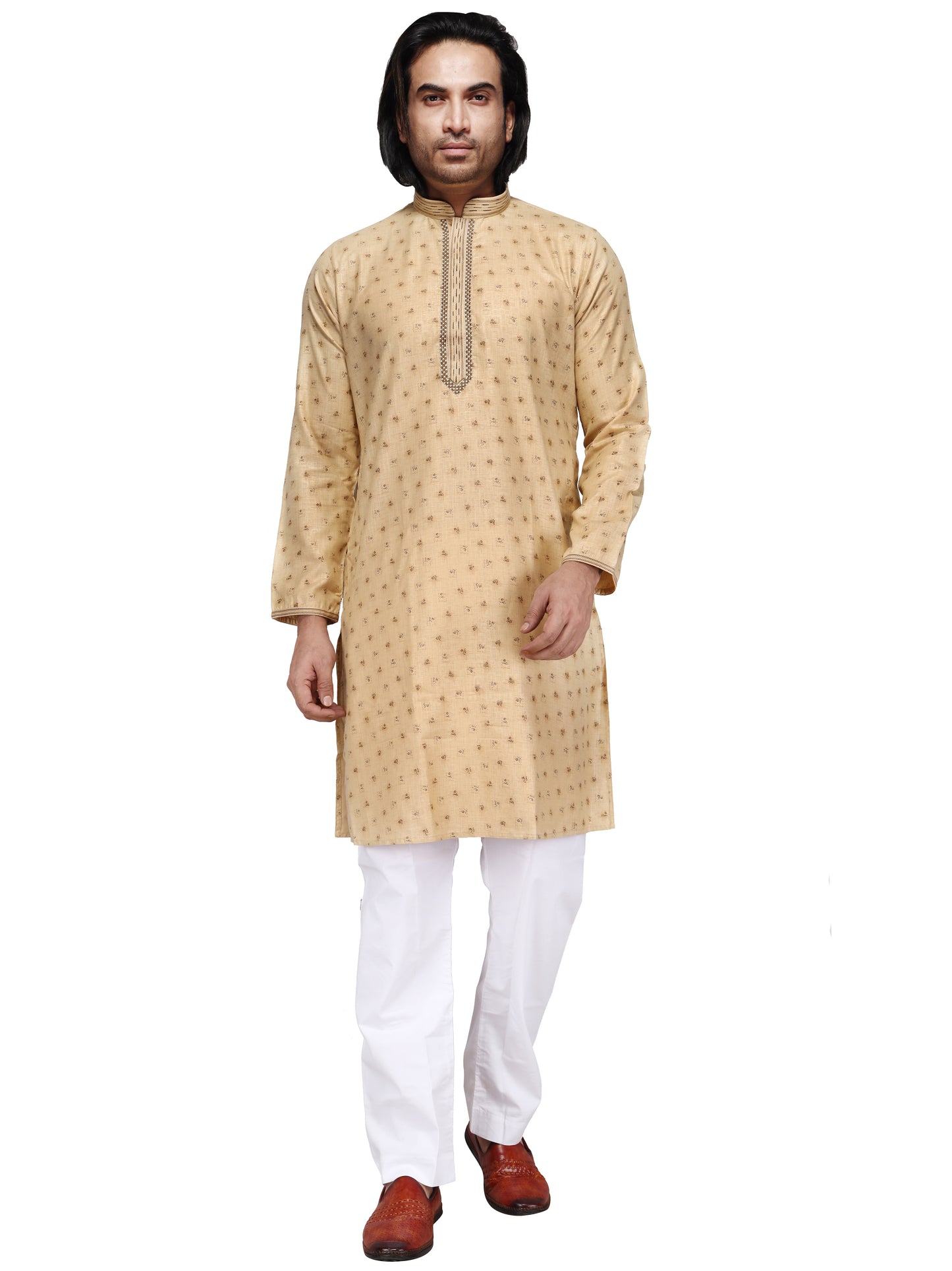 Klassic Men's Pure Cotton Beige Square Floral Printed Full Sleeve Embroided Neck Kurta