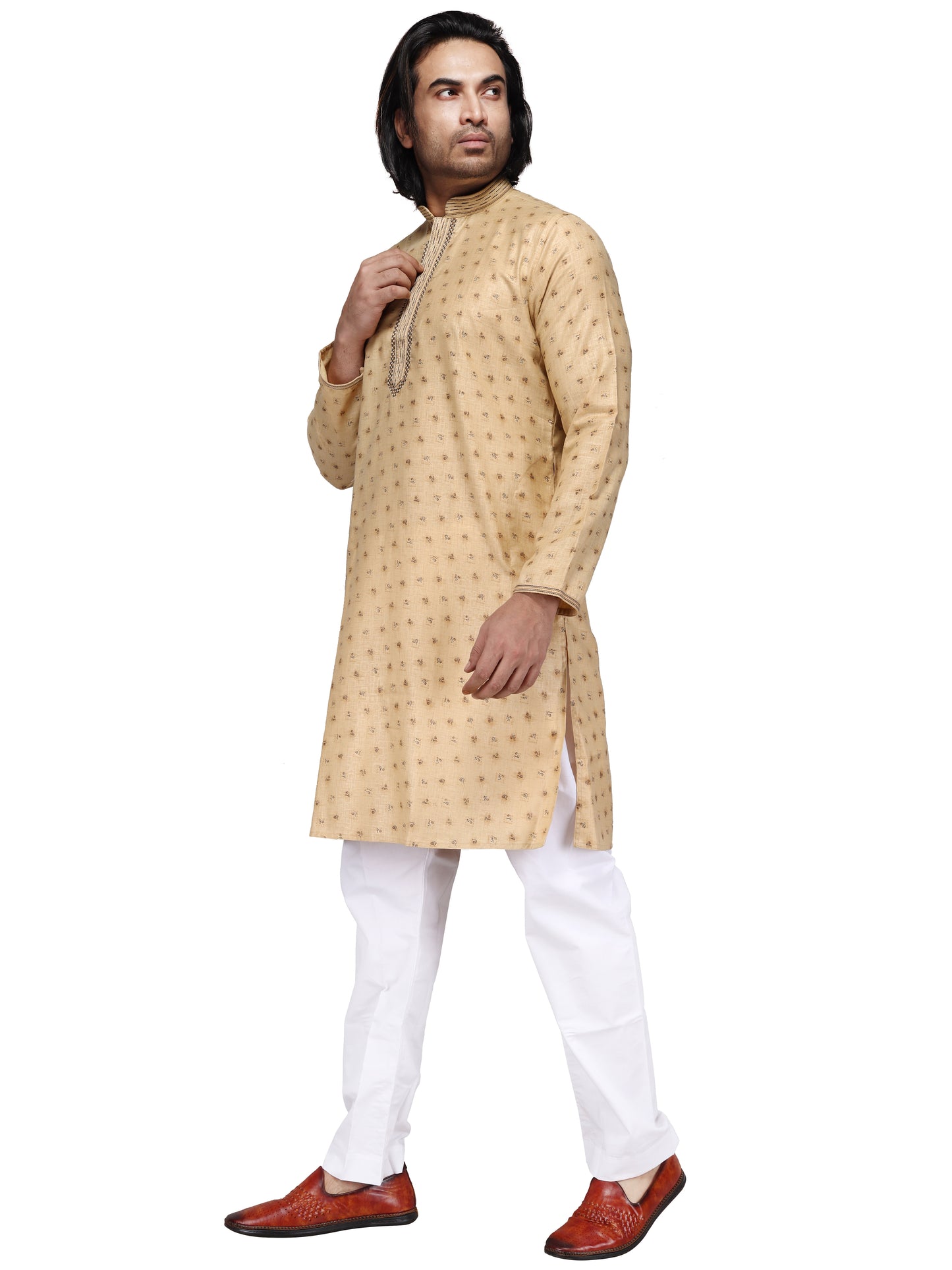 Klassic Men's Pure Cotton Beige Square Floral Printed Full Sleeve Embroided Neck Kurta