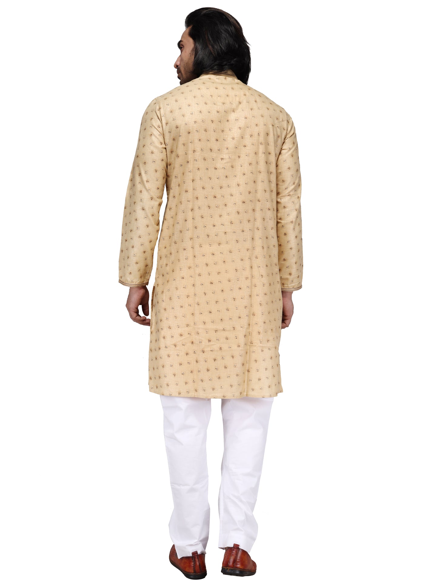 Klassic Men's Pure Cotton Beige Square Floral Printed Full Sleeve Embroided Neck Kurta