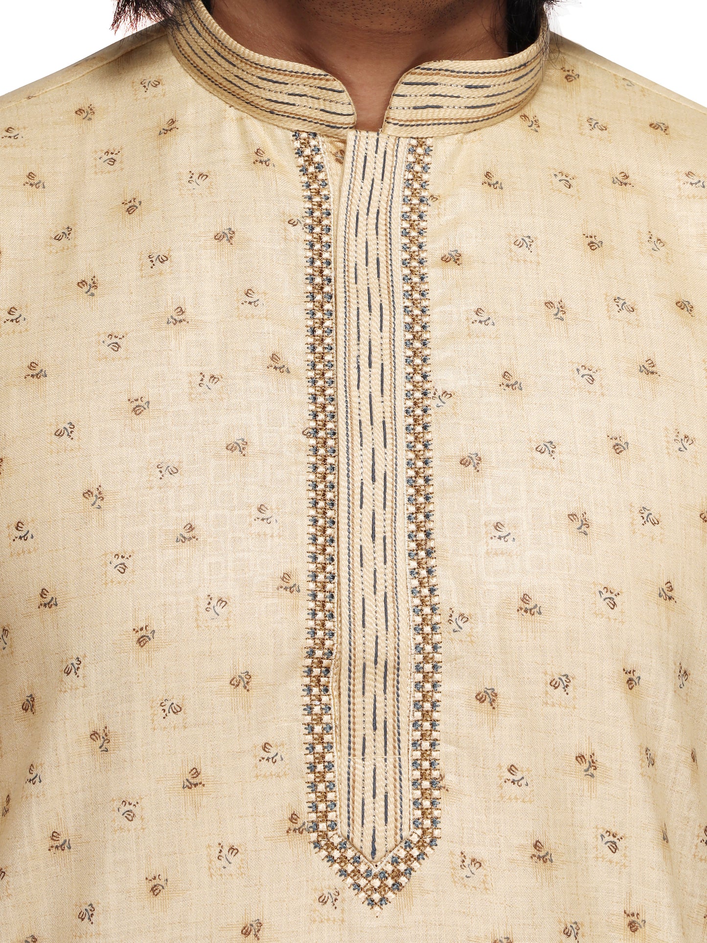 Klassic Men's Pure Cotton Beige Square Floral Printed Full Sleeve Embroided Neck Kurta