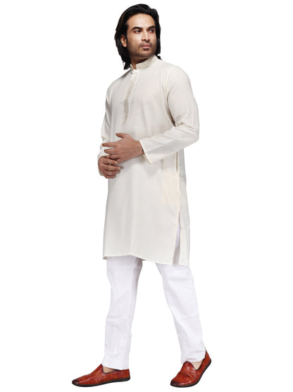 Klassic Pure Cotton Solid Cream White Full Sleeve Knee Length Motifs Embroided Neck Kurta for Men