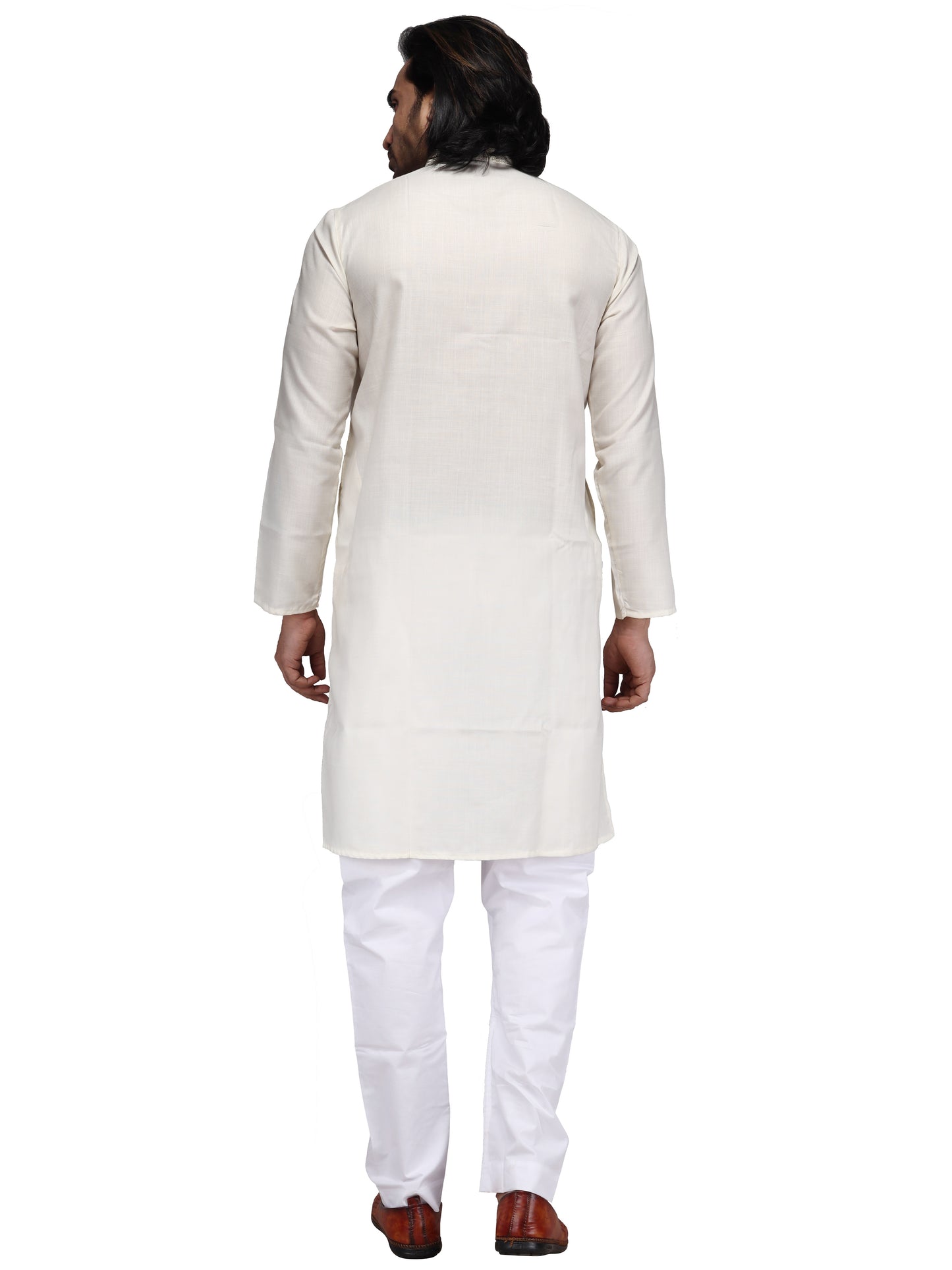 Klassic Pure Cotton Solid Cream White Full Sleeve Knee Length Motifs Embroided Neck Kurta for Men