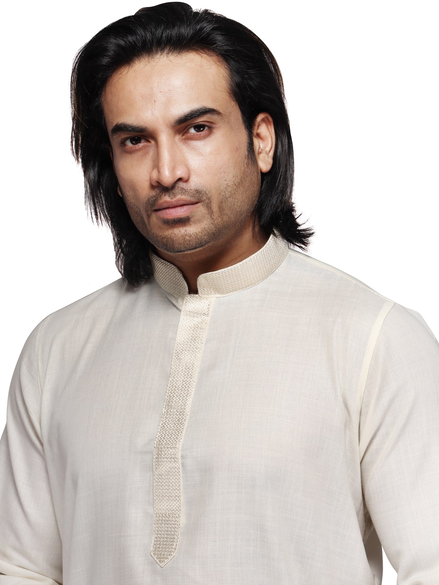 Klassic Pure Cotton Solid Cream White Full Sleeve Knee Length Motifs Embroided Neck Kurta for Men