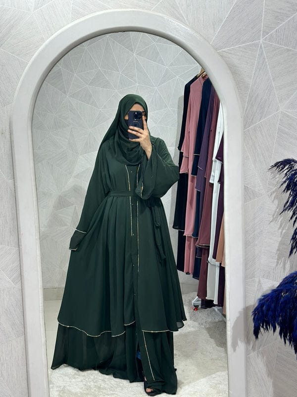 Diamond Chiffon Double Layer Front Open Stone lace Sleeves Dark Green Abaya Burqa with Matching Hijab and Belt