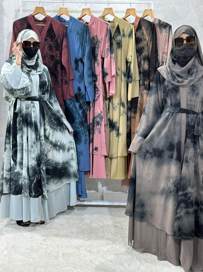 Dubai Style Double-Layered Tie Dye Printed Diamond Chiffon Abaya - Elegant Shrug Design 