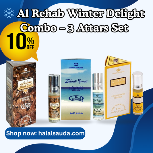 Al Rehab Winter Delight Combo – Al rehab Soft, Al rehab Zahrat Hawai & Al rehab Zidan Classic ( pack of 3 x 6ml Roll on Attar )