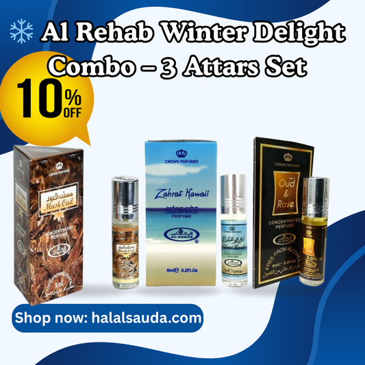Al Rehab Winter Delight Combo – Al rehab Musk Oudh, Al rehab Zahrat Hawai & Al rehab Zidan Classic ( pack of 3 x 6ml Roll on Attar )
