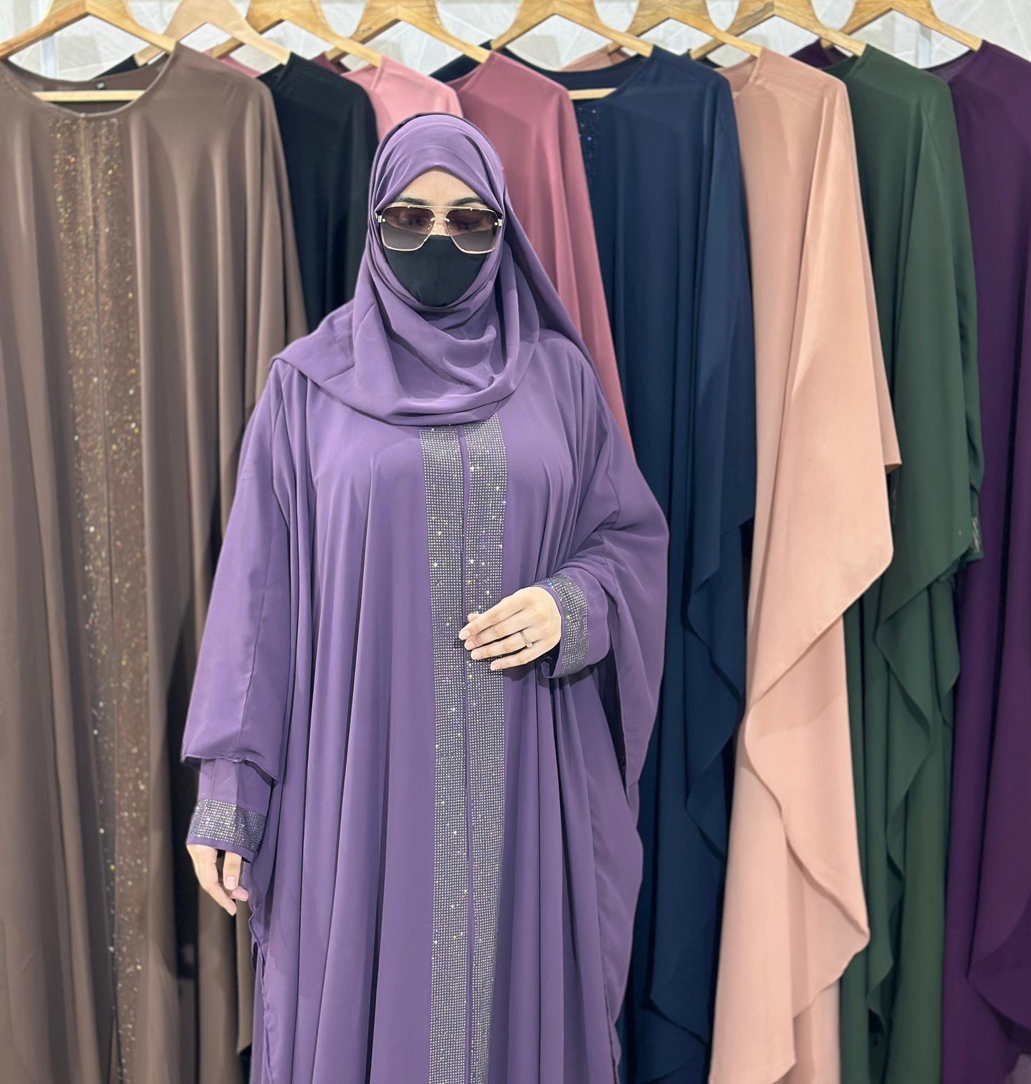 Indonesian Heavy Diamond Chiffon Double Layer Dubai Style Kaftan with Modern Butterfly Stonework - Elegant Purple Abaya