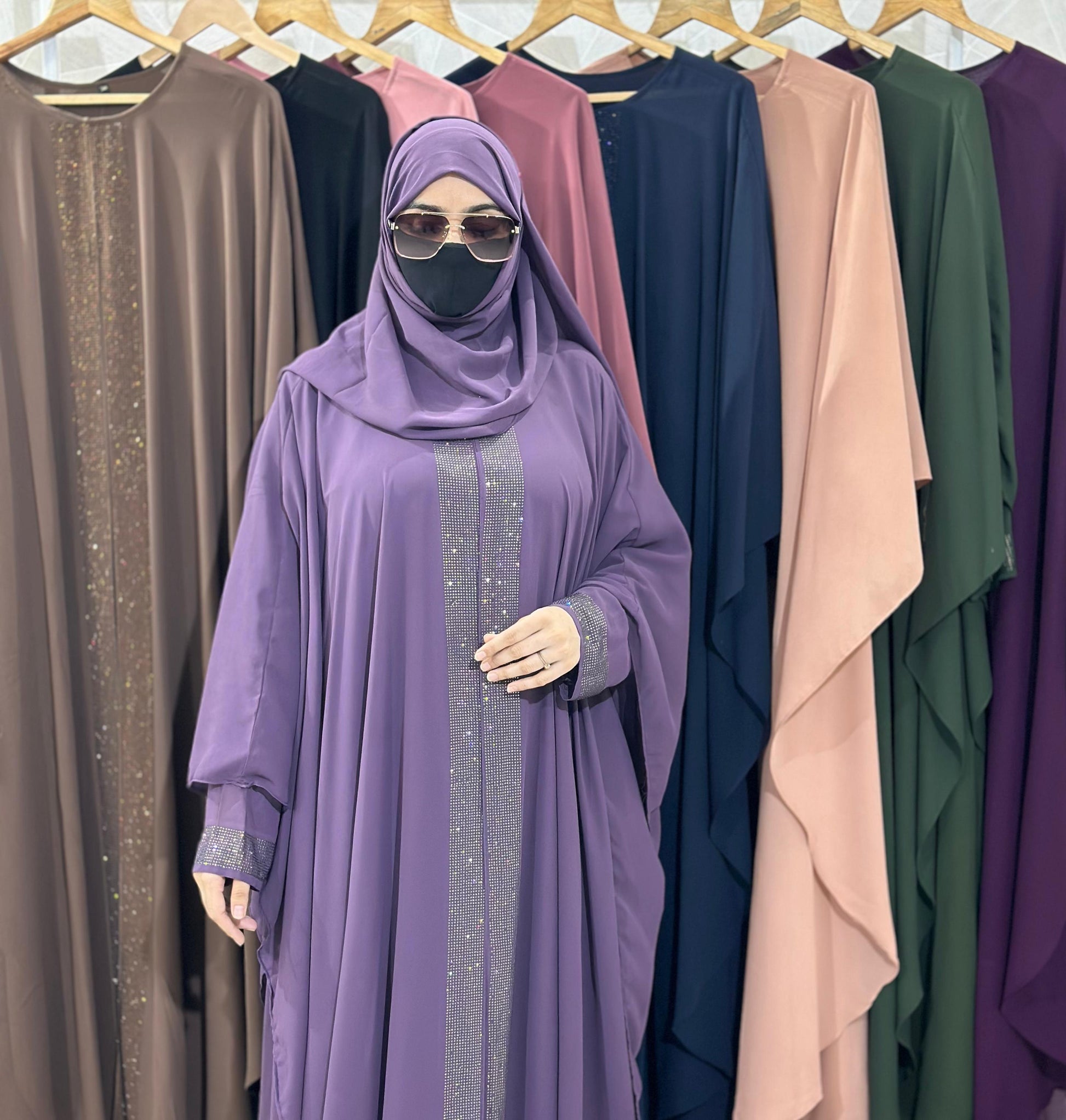 Indonesian Heavy Diamond Chiffon Double Layer Dubai Style Kaftan with Modern Butterfly Stonework - Elegant Purple Abaya