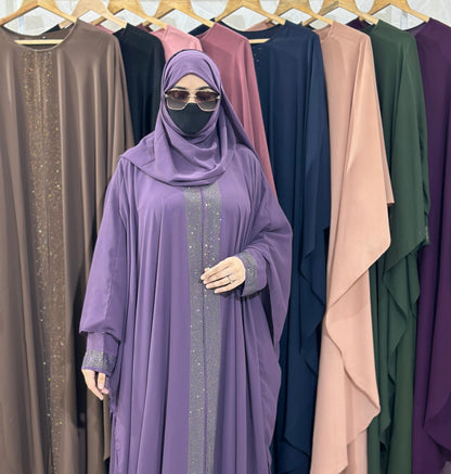 Indonesian Heavy Diamond Chiffon Double Layer Dubai Style Kaftan with Modern Butterfly Stonework - Elegant Purple Abaya