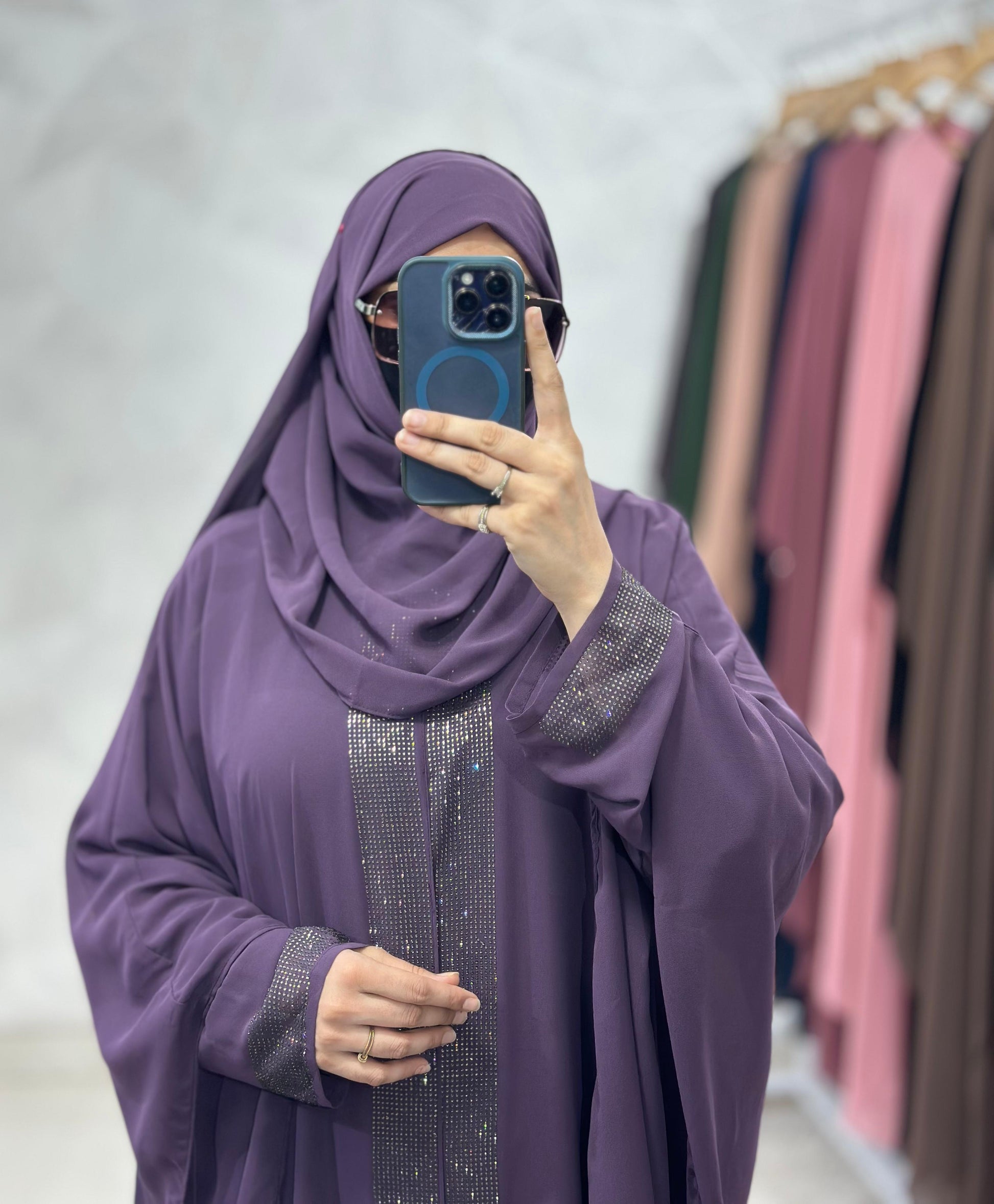 Indonesian Heavy Diamond Chiffon Double Layer Dubai Style Kaftan with Modern Butterfly Stonework - Elegant Purple Abaya