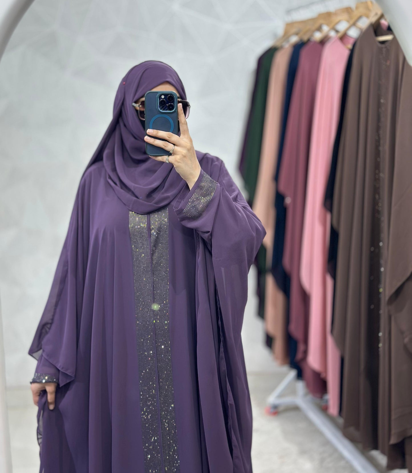 Indonesian Heavy Diamond Chiffon Double Layer Dubai Style Kaftan with Modern Butterfly Stonework - Elegant Purple Abaya