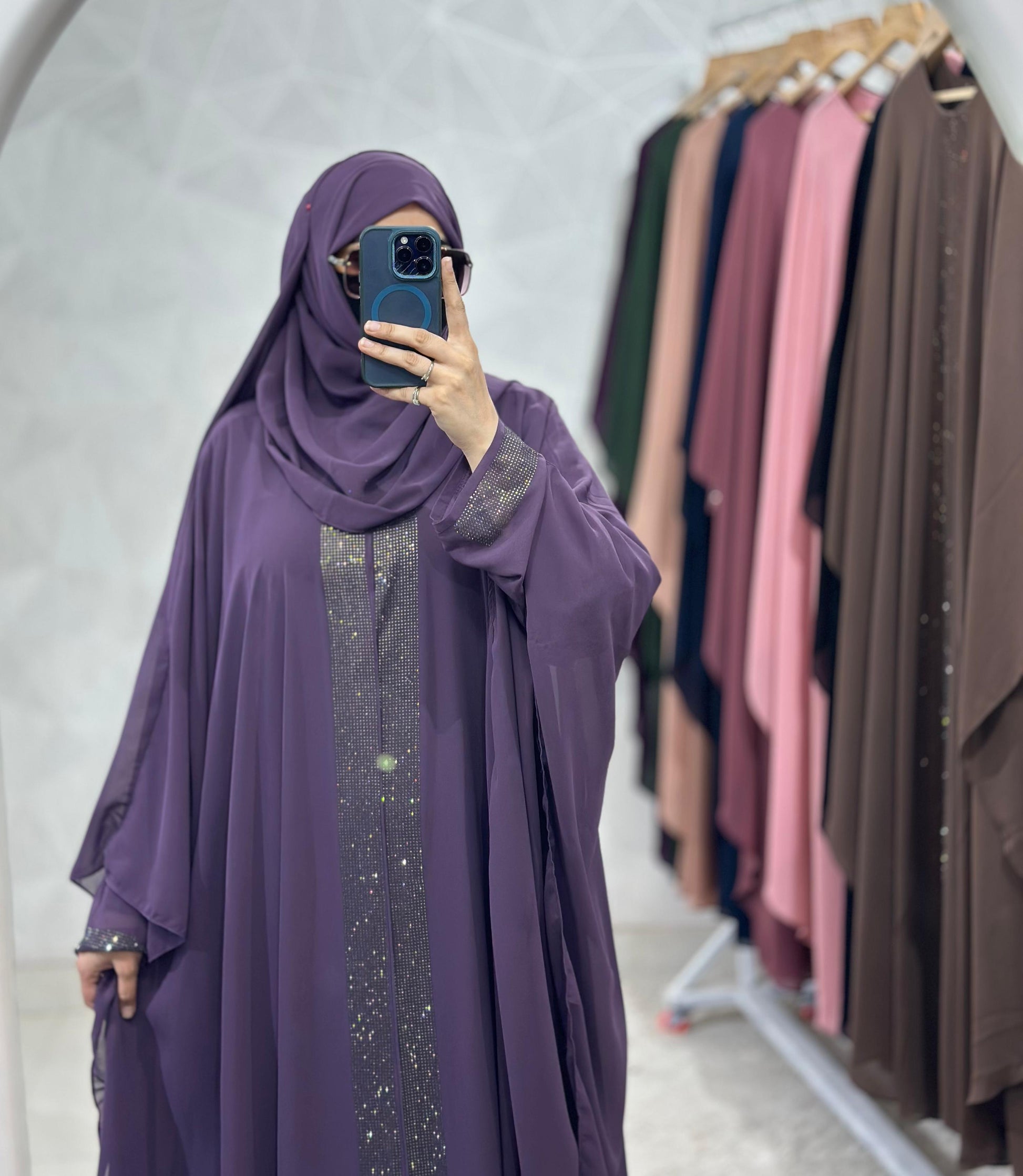 Indonesian Heavy Diamond Chiffon Double Layer Dubai Style Kaftan with Modern Butterfly Stonework - Elegant Purple Abaya