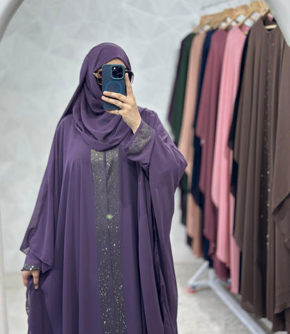Indonesian Heavy Diamond Chiffon Double Layer Dubai Style Kaftan with Modern Butterfly Stonework - Elegant Purple Abaya