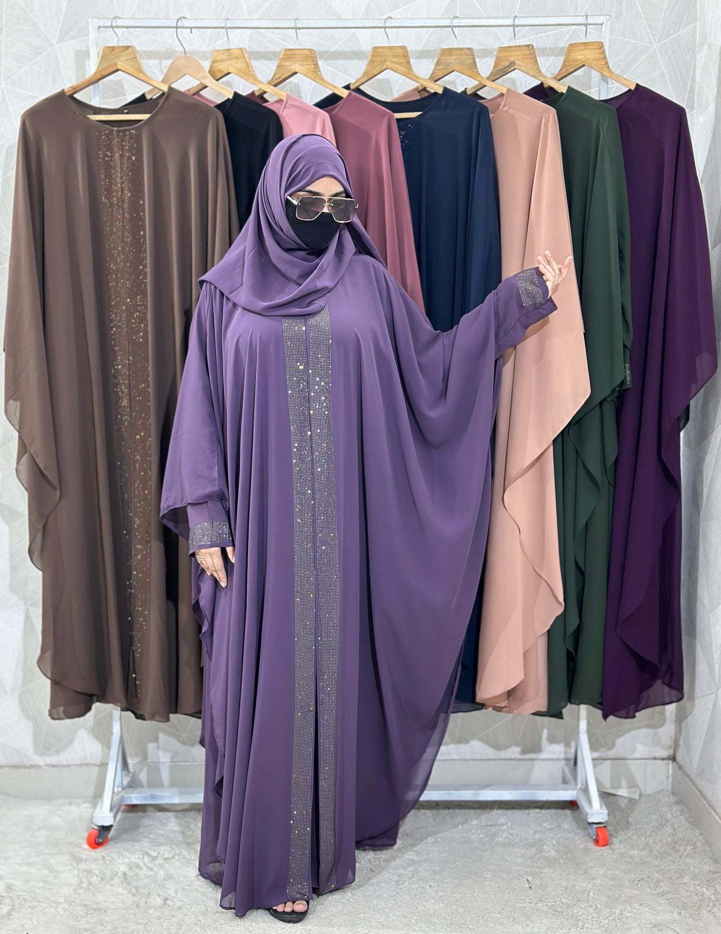 Indonesian Heavy Diamond Chiffon Double Layer Dubai Style Kaftan with Modern Butterfly Stonework - Elegant Purple Abaya