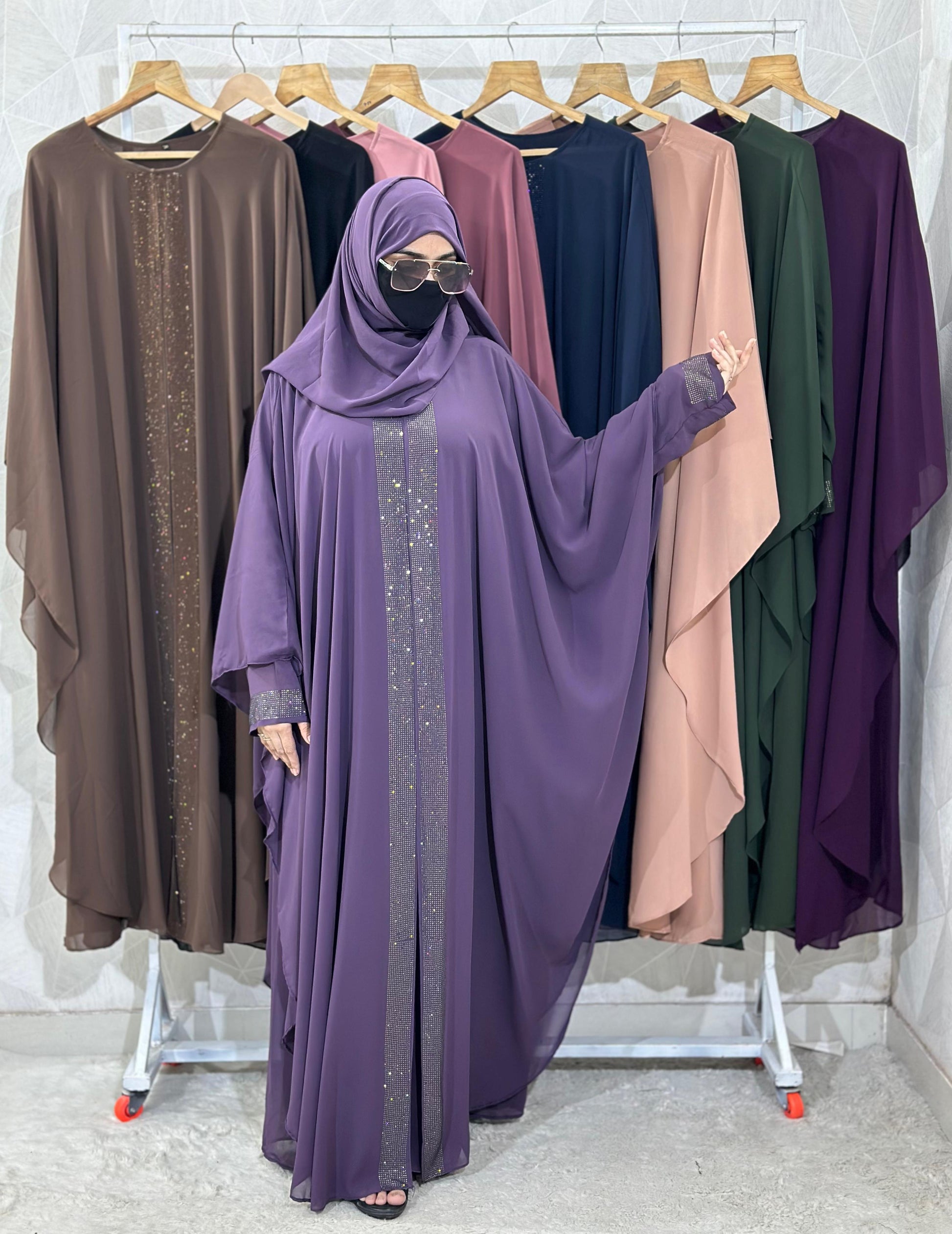 Indonesian Heavy Diamond Chiffon Double Layer Dubai Style Kaftan with Modern Butterfly Stonework - Elegant Purple Abaya