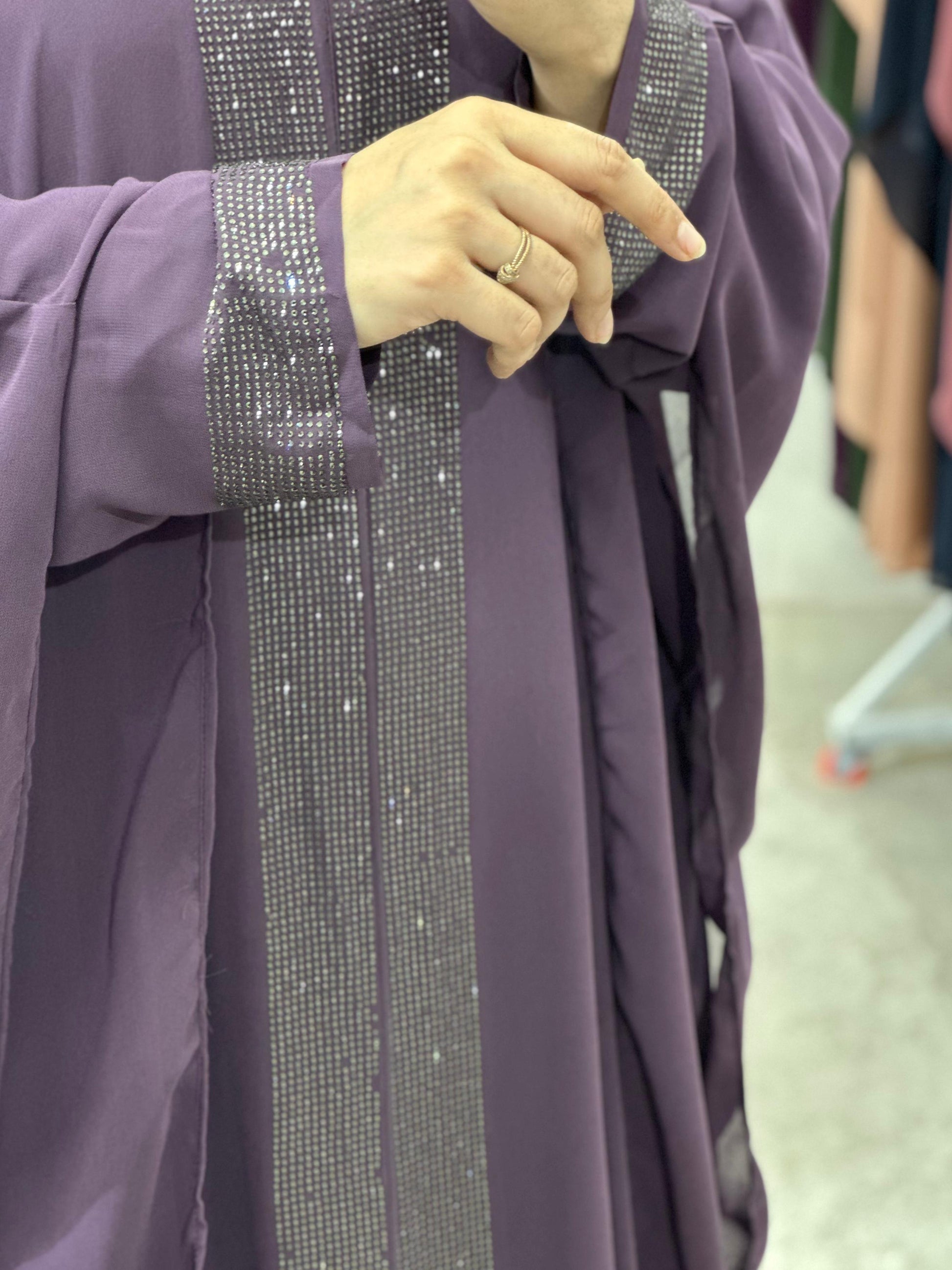 Indonesian Heavy Diamond Chiffon Double Layer Dubai Style Kaftan with Modern Butterfly Stonework - Elegant Purple Abaya