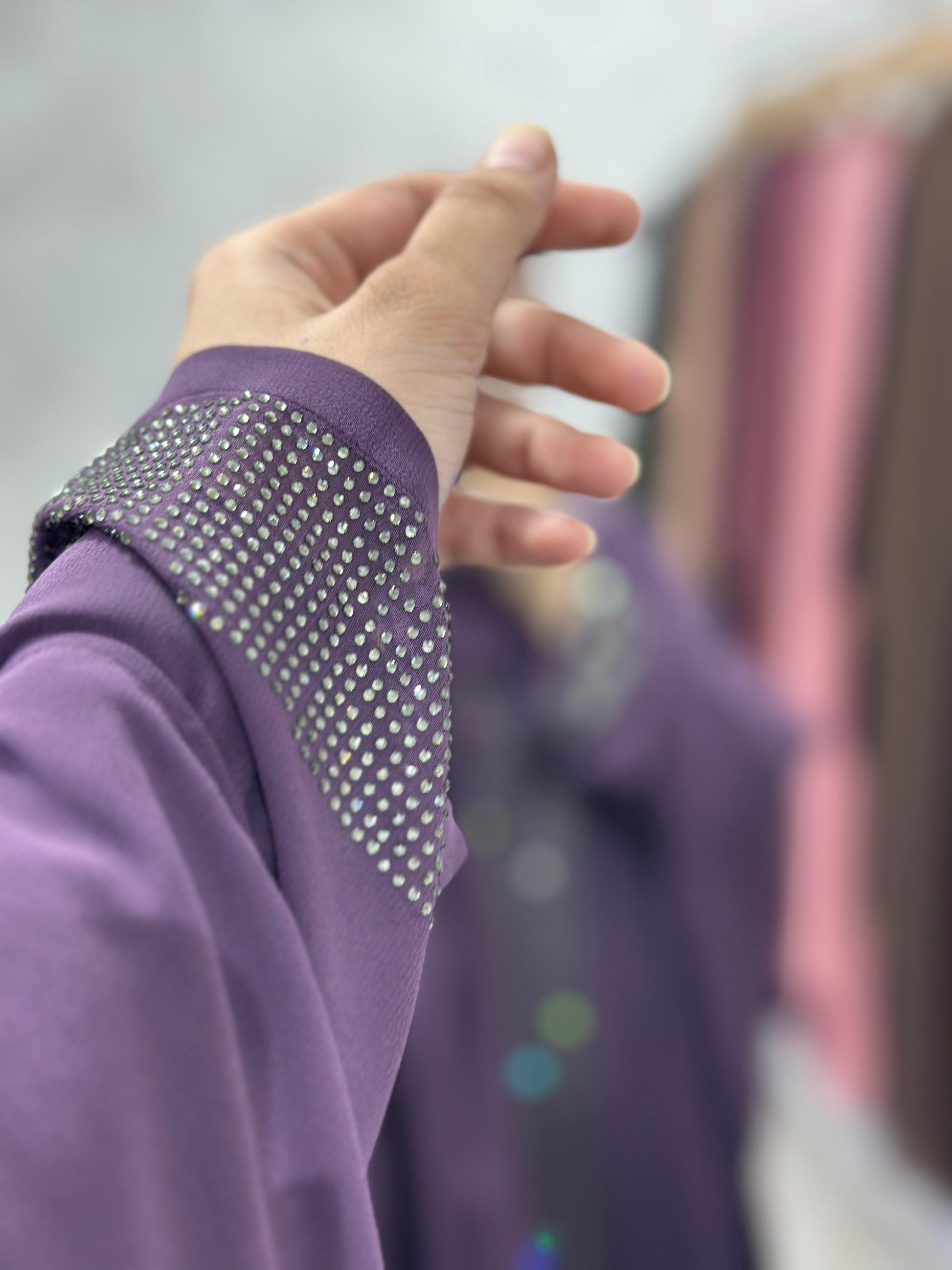Indonesian Heavy Diamond Chiffon Double Layer Dubai Style Kaftan with Modern Butterfly Stonework - Elegant Purple Abaya