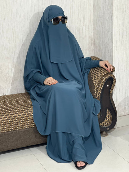 Teal Blue 3-Piece Jilbab Set ( skirt, nose piece & Jilbab ) – Premium Parada Fabric