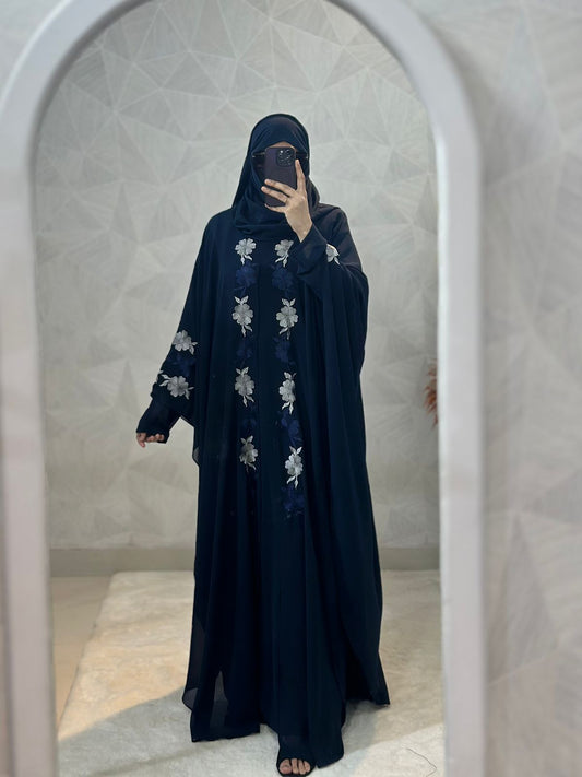 Indonesian Heavy Diamond Chiffon Navy Abaya Burqa Floral Elegance and Dubai Style
