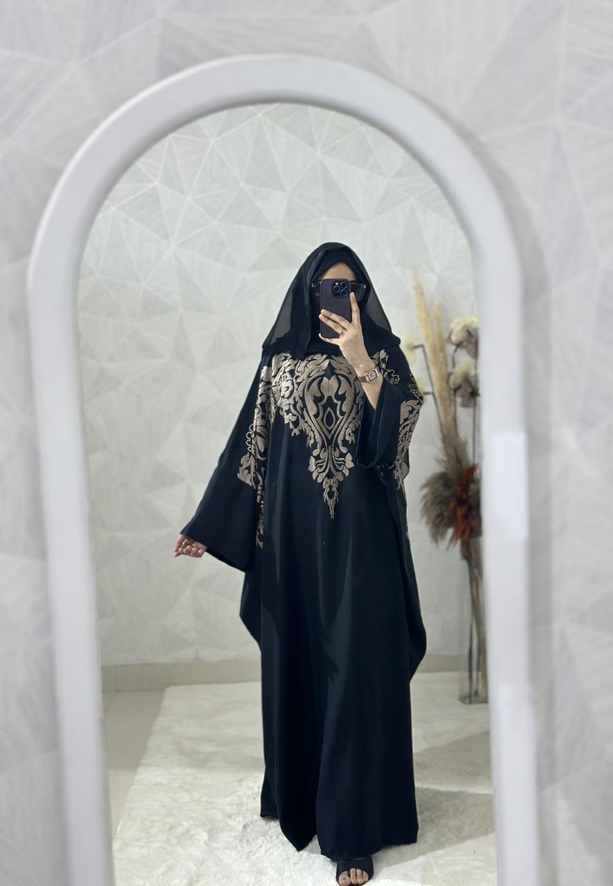 Designer Front Back Embroidered Nida fabric Kaftan in Black with Scarf