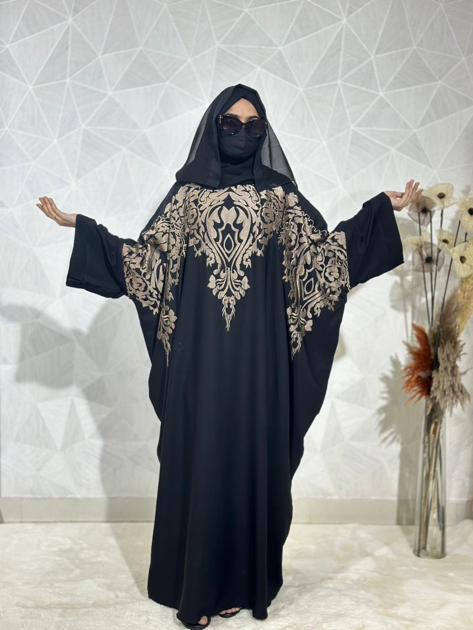 Designer Front Back Embroidered Nida fabric Kaftan in Black with Scarf