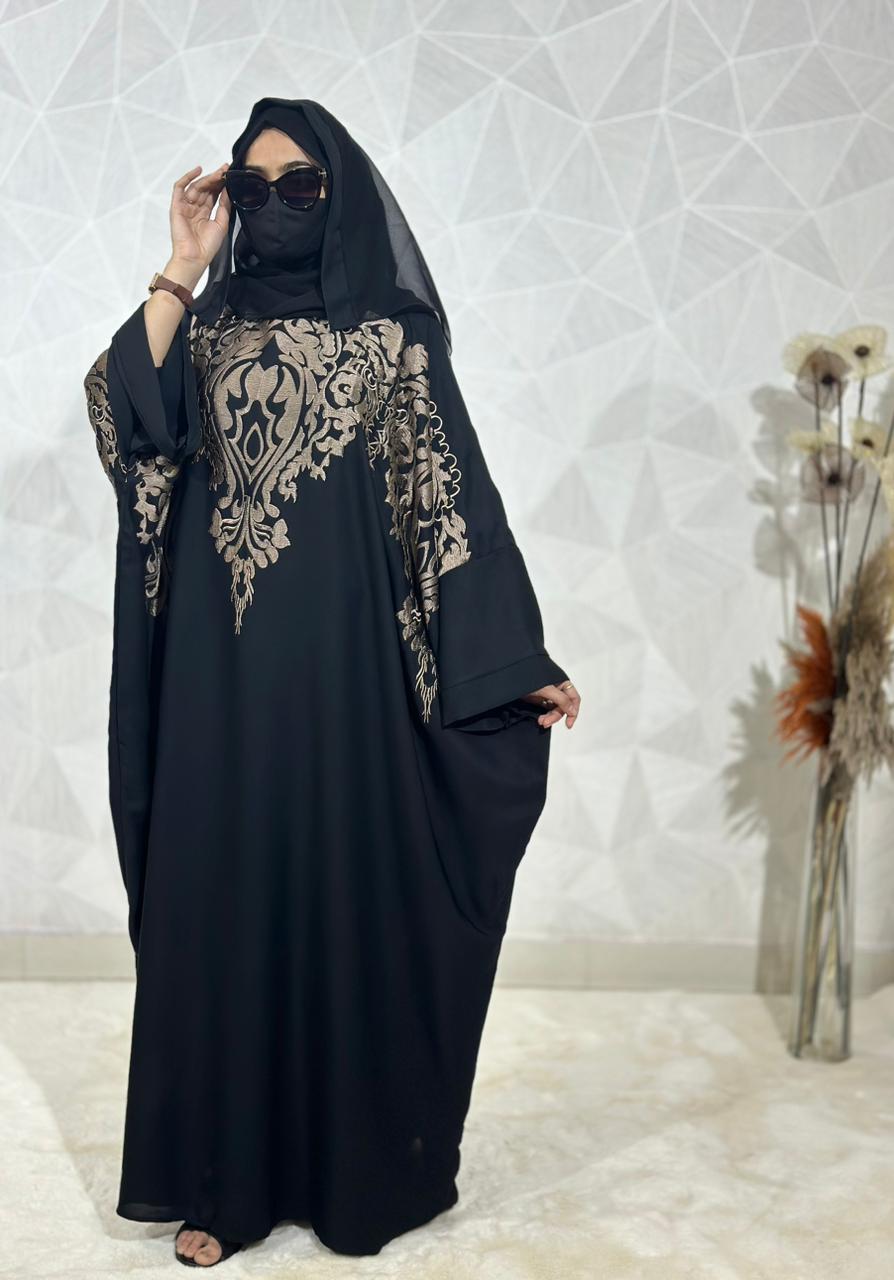 Designer Front Back Embroidered Nida fabric Kaftan in Black with Scarf