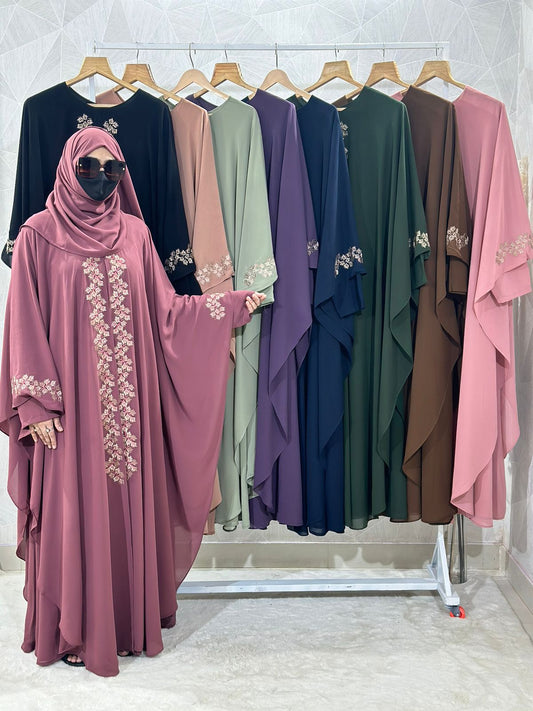 Indonesian Heavy Diamond Chiffon Pink Abaya Burqa Floral Elegance and Dubai Style