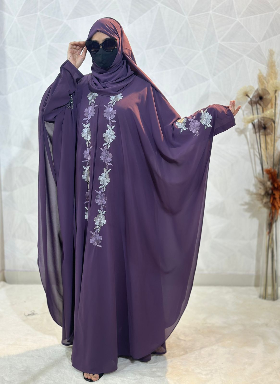 Indonesian Heavy Diamond Chiffon Purple Abaya Burqa Floral Elegance an HalalSauda