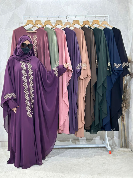 Purple Abaya Kaftan Burqa - Indonesian Diamond Chiffon, Floral & Dubai Style