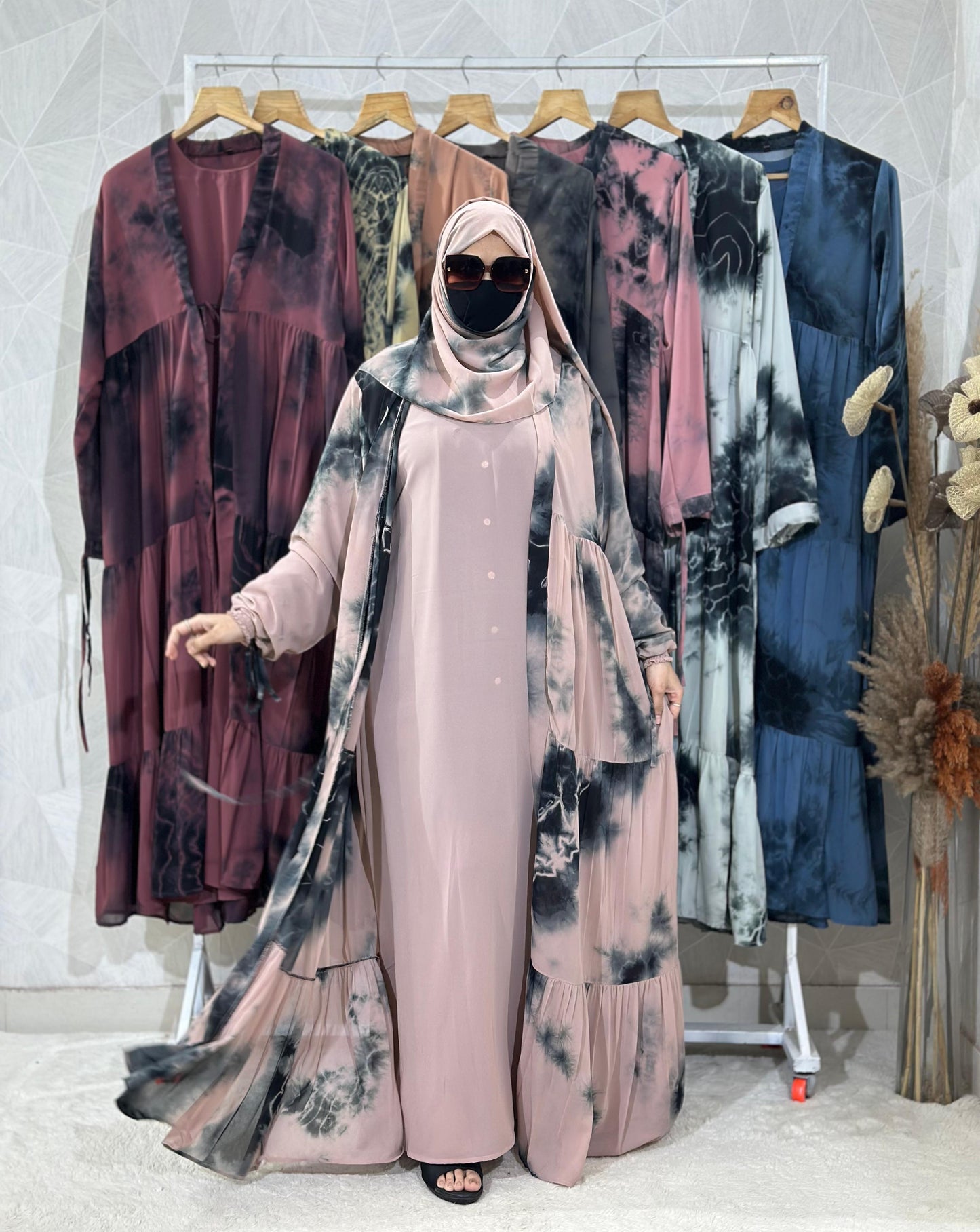 Two Piece Double Layer Beautiful Three frill Shrug Abaya Elastic Sleeves