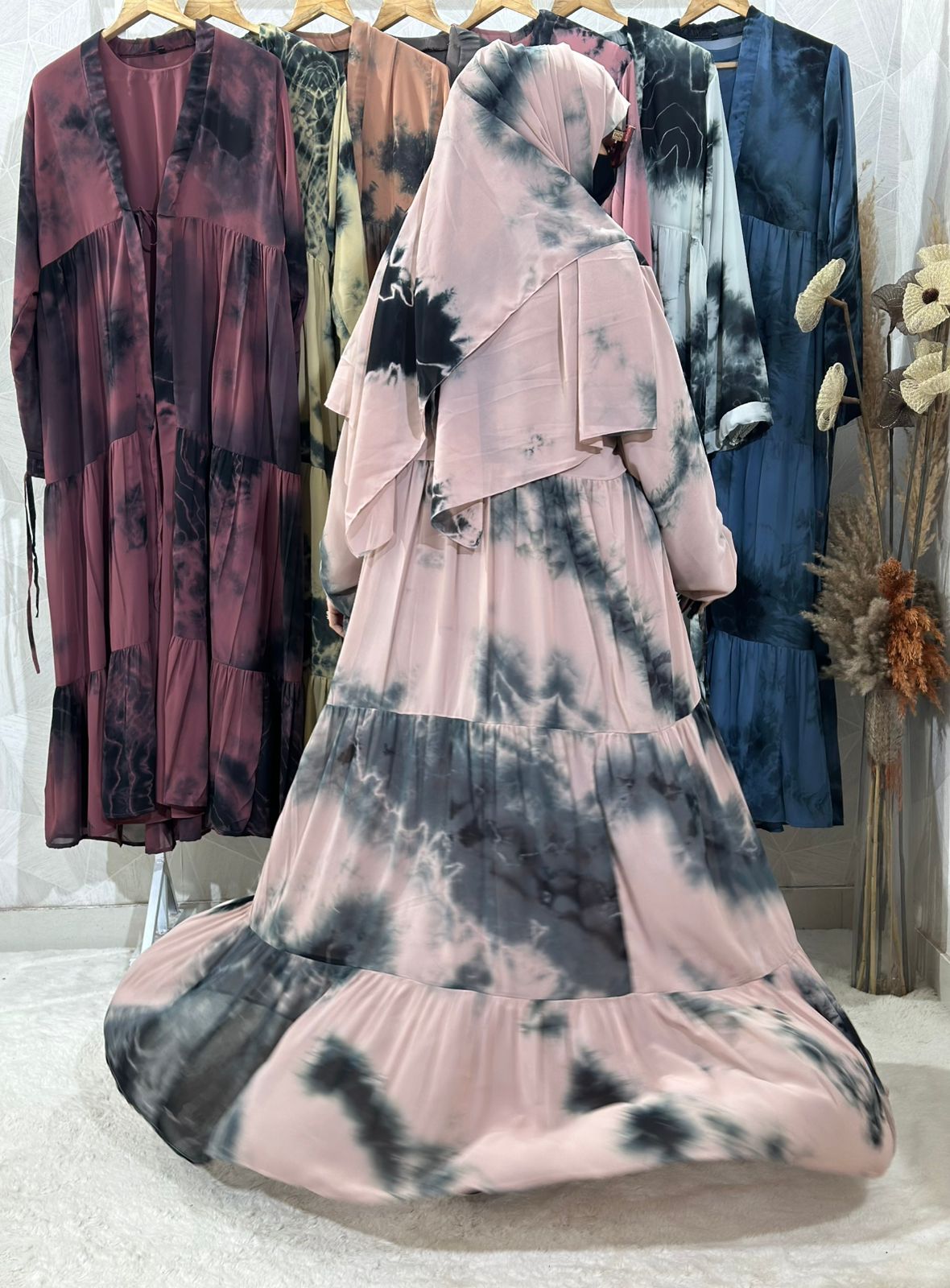 Two Piece Double Layer Beautiful Three frill Shrug Abaya Elastic Sleeves