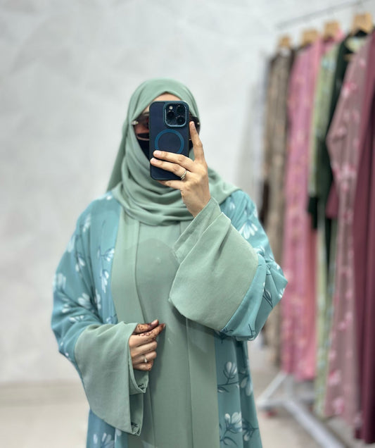 Two Piece Double Layer Shrug Abaya - Diamond Chiffon, Floral Printed & Dubai Style