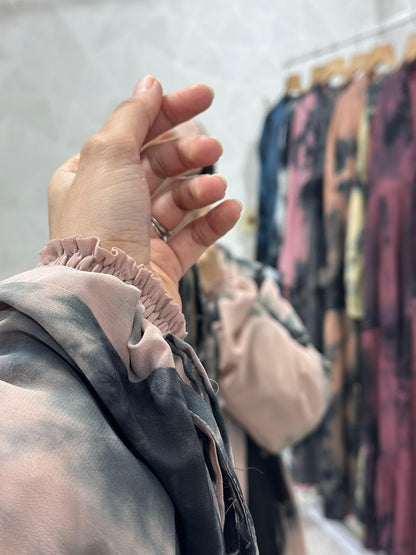 Two Piece Double Layer Beautiful Three frill Shrug Abaya Elastic Sleeves - Diamond Chiffon, Tie Die Printed & Dubai Style