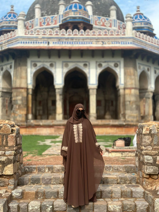 Beautiful Floral Rose Embroidery Brown Abaya Kaftan Burqa - Indonesian Diamond Chiffon, Floral & Dubai Style