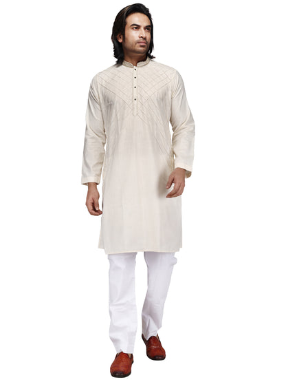 Klassic Men's Pure Cotton Cream Regular Fit Kurta with Floral Neck Detailing