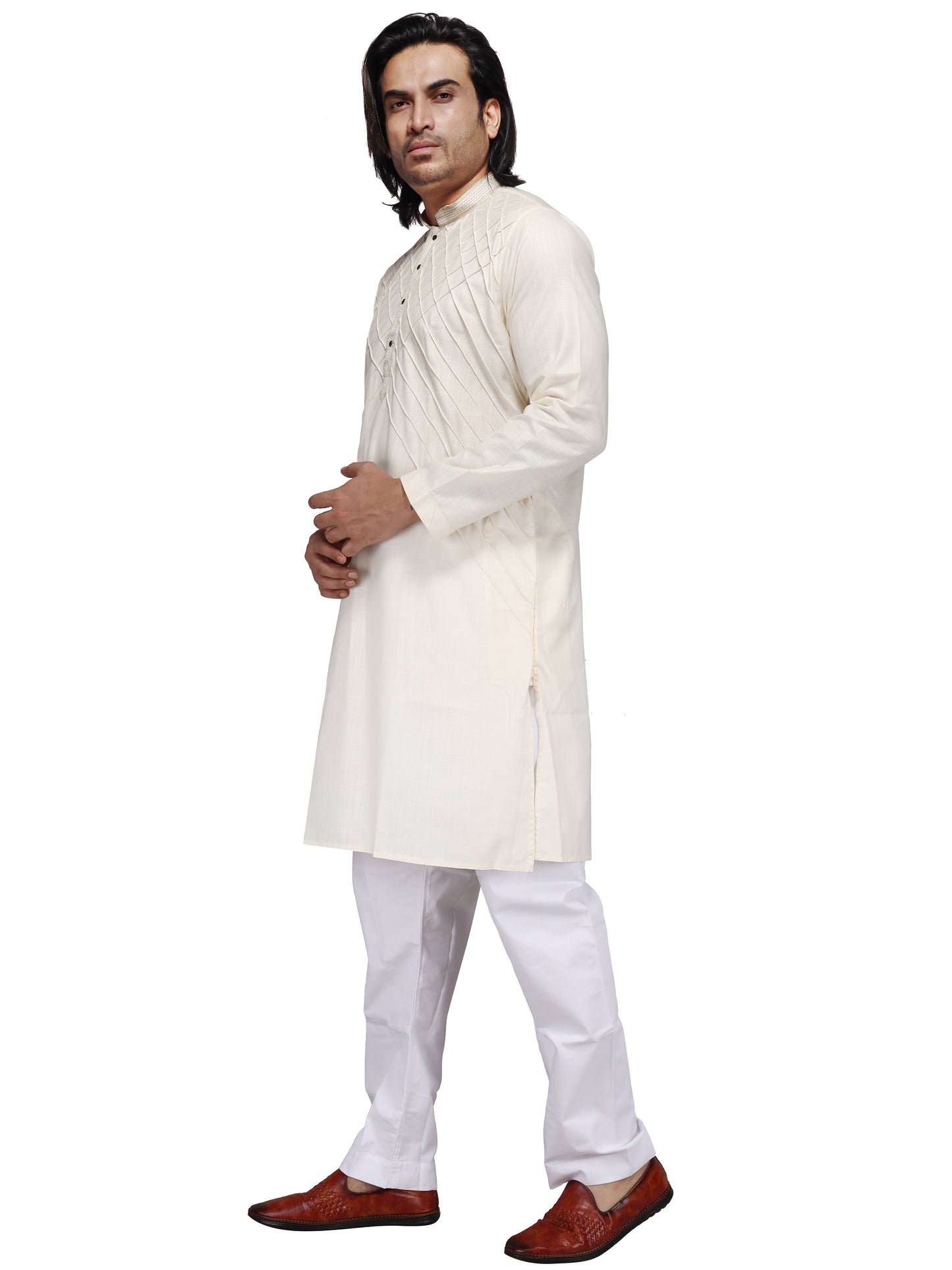 Klassic Men's Pure Cotton Cream Regular Fit Kurta with Floral Neck Detailing