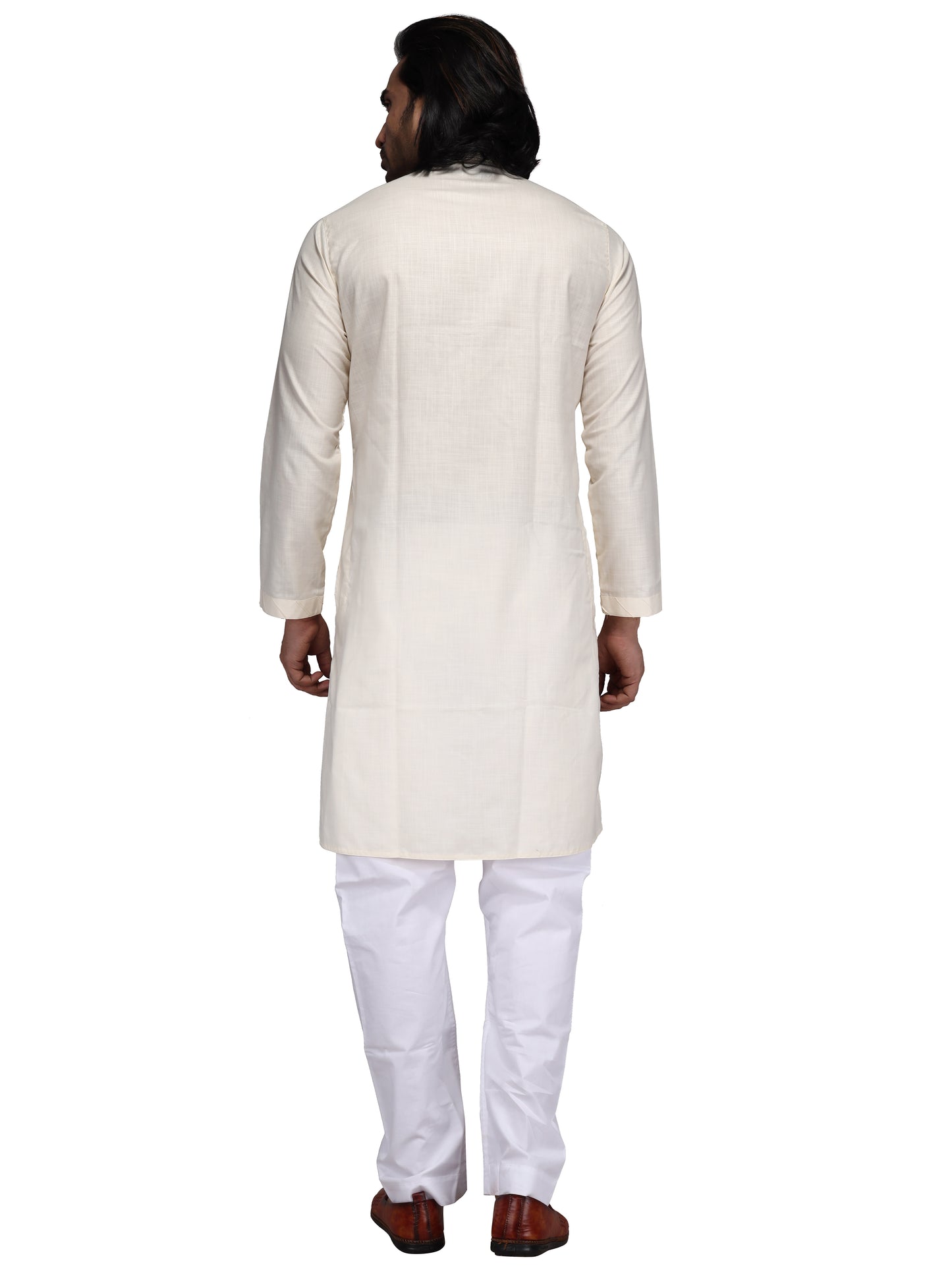 Klassic Men's Pure Cotton Cream Regular Fit Kurta with Floral Neck Detailing