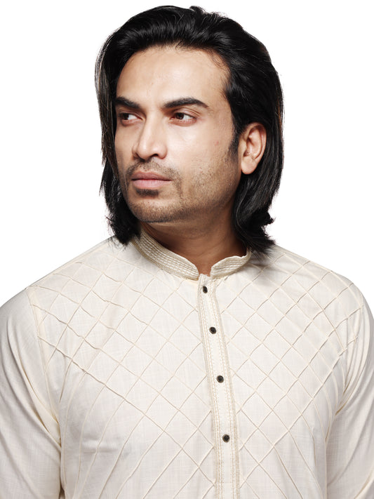 Klassic Men's Pure Cotton Cream Regular Fit Kurta with Floral Neck Detailing