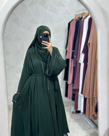 Diamond Chiffon Double Layer Front Open Stone lace Sleeves Dark Green Abaya Burqa with Matching Hijab and Belt