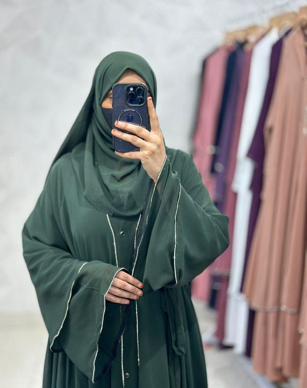 Diamond Chiffon Double Layer Front Open Stone lace Sleeves Dark Green Abaya Burqa with Matching Hijab and Belt