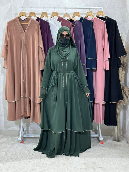 Diamond Chiffon Double Layer Front Open Stone lace Sleeves Dark Green Abaya Burqa with Matching Hijab and Belt
